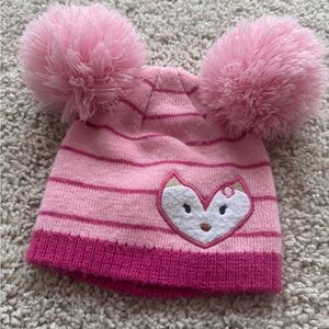 Pink Striped Kids Hat with Pom Poms